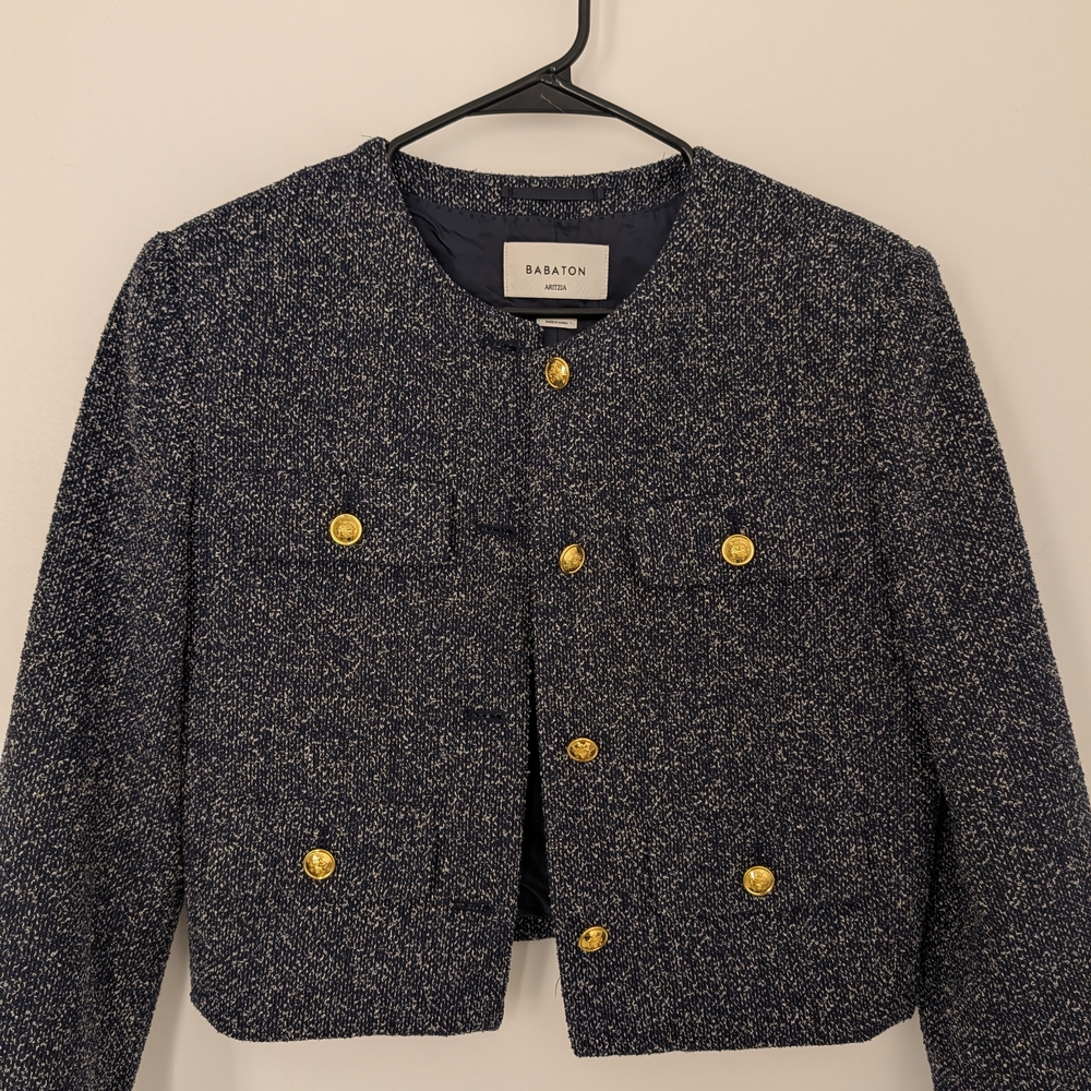 Aritzia Babaton Navy Tweed Blazer with Gold Buttons